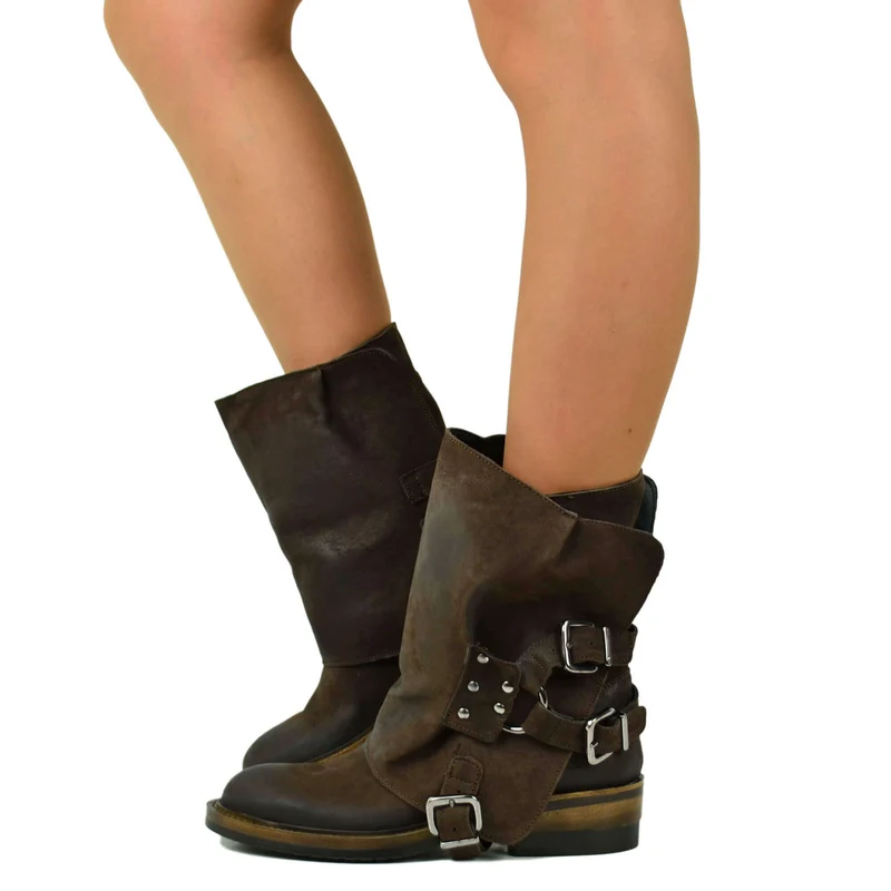 Stivali Biker Marrone con Ghetta Removibile Vera Pelle Fibbie Rock Made in Italy