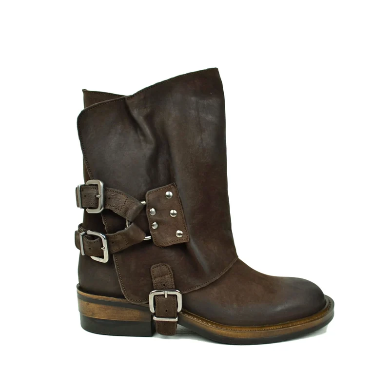 Stivali Biker Marrone con Ghetta Removibile Vera Pelle Fibbie Rock Made in Italy