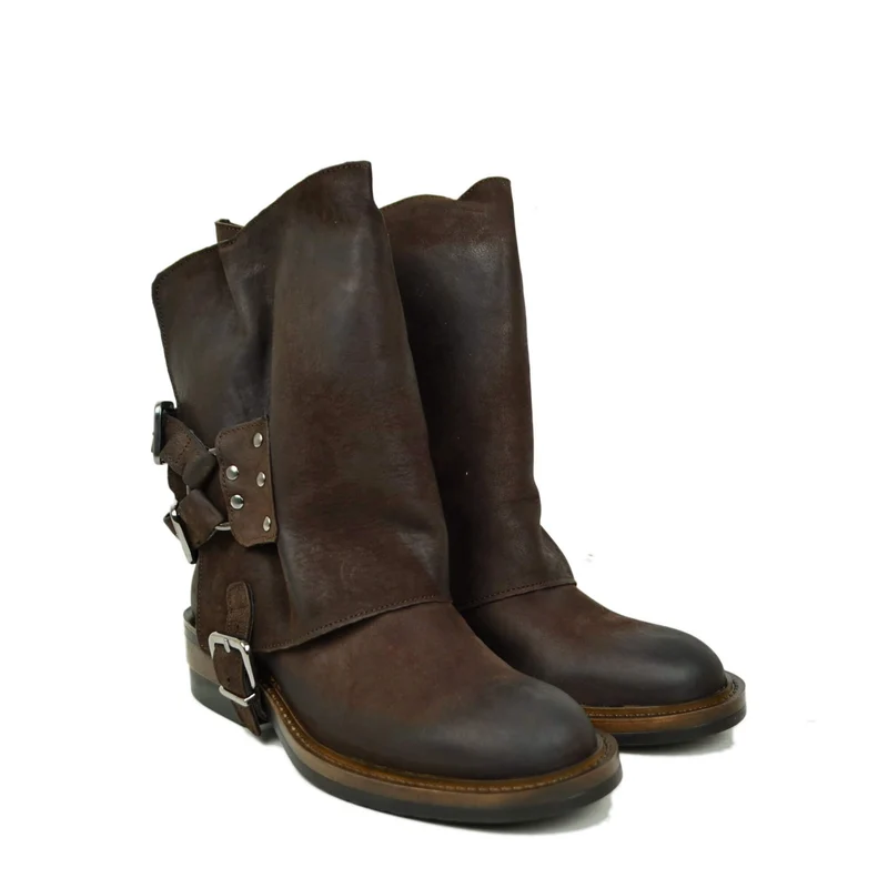 Stivali Biker Marrone con Ghetta Removibile Vera Pelle Fibbie Rock Made in Italy