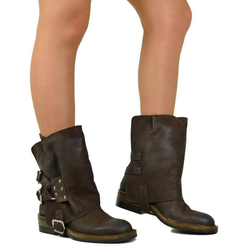 Stivali Biker Marrone con Ghetta Removibile Vera Pelle Fibbie Rock Made in Italy