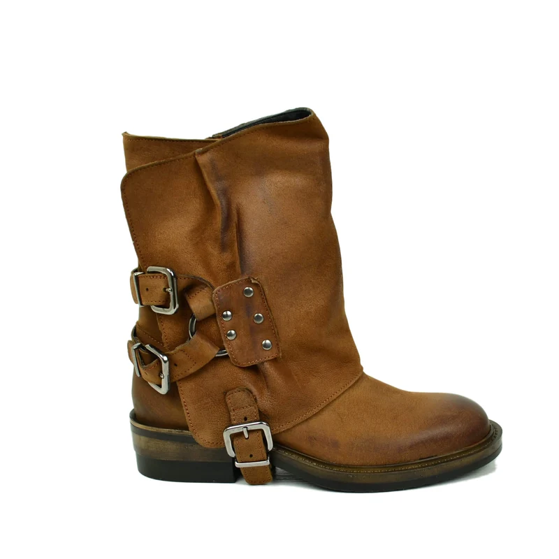 Stivali Biker Cuoio con Ghetta Removibile Vera Pelle Fibbie Rock Made in Italy