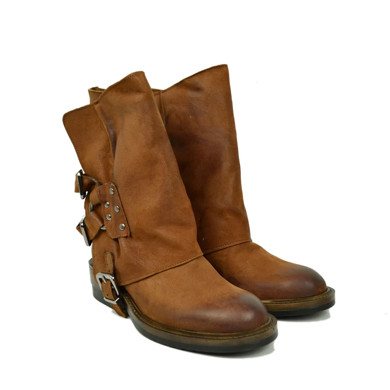 Stivali Biker Cuoio con Ghetta Removibile Vera Pelle Fibbie Rock Made in Italy