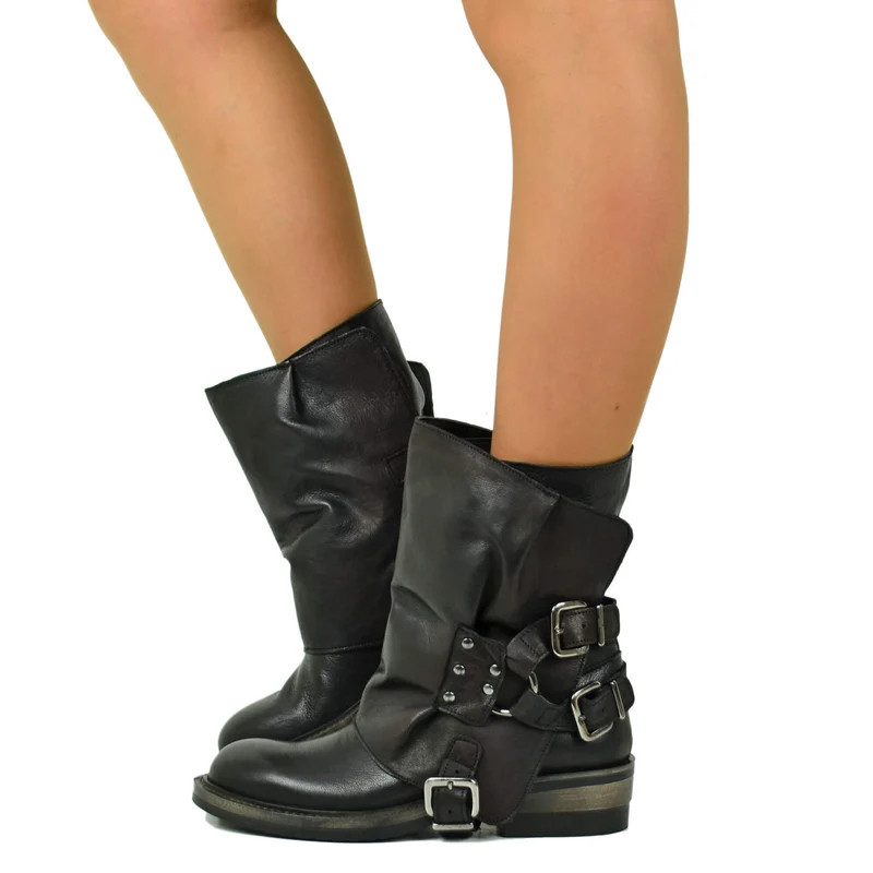 Stivali Biker Neri con Ghetta Removibile Vera Pelle Fibbie Rock Made in Italy