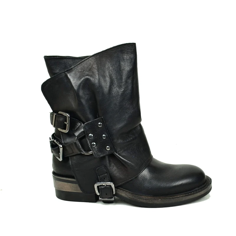 Stivali Biker Neri con Ghetta Removibile Vera Pelle Fibbie Rock Made in Italy