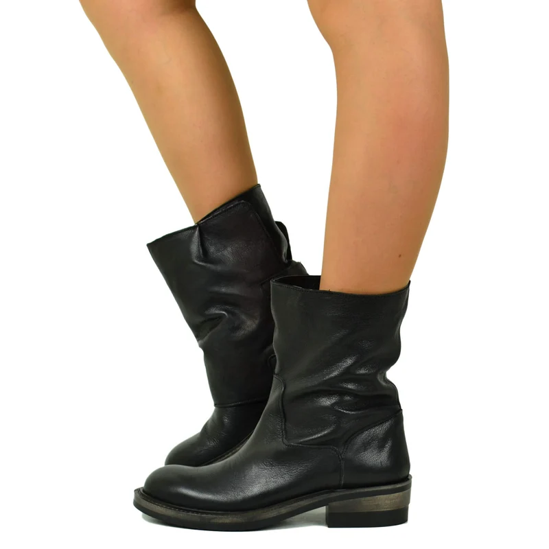Stivali Biker Neri con Ghetta Removibile Vera Pelle Fibbie Rock Made in Italy