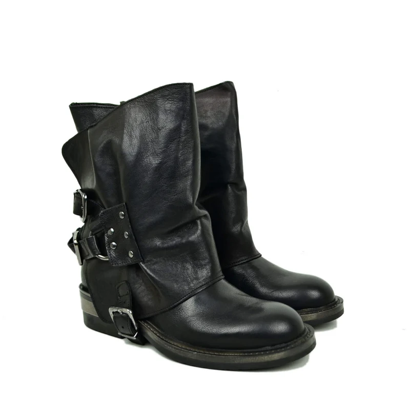 Stivali Biker Neri con Ghetta Removibile Vera Pelle Fibbie Rock Made in Italy