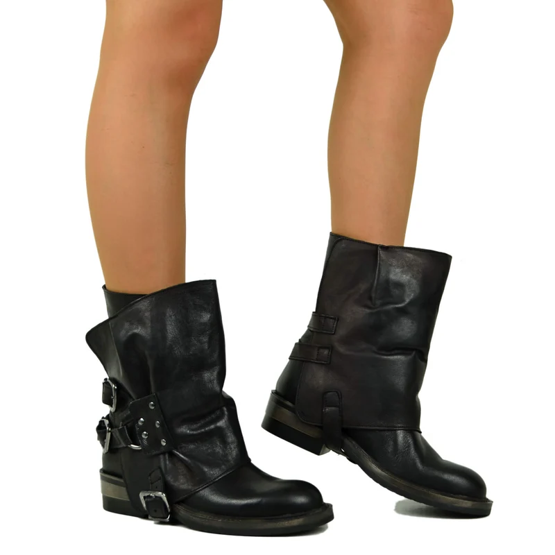 Stivali Biker Neri con Ghetta Removibile Vera Pelle Fibbie Rock Made in Italy