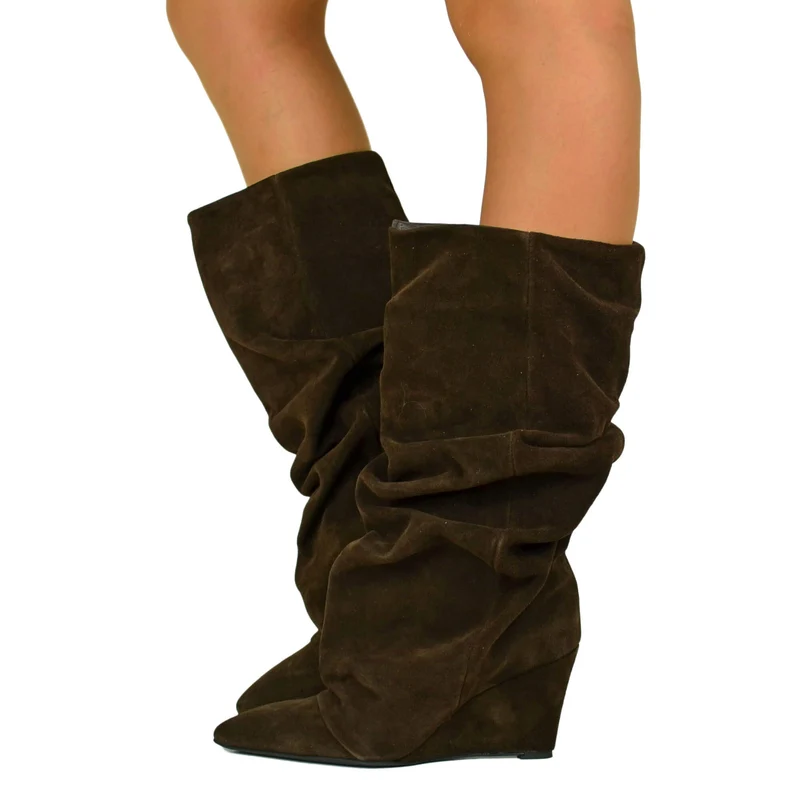 Stivali con Zeppa Alta 7 cm Gambale Largo Camoscio Cioccolato