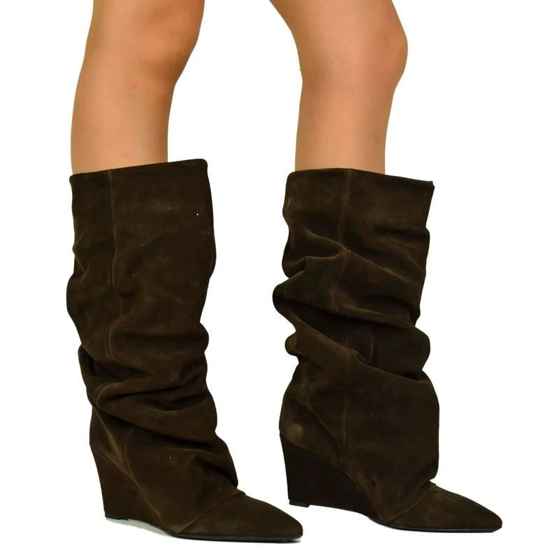 Stivali con Zeppa Alta 7 cm Gambale Largo Camoscio Cioccolato