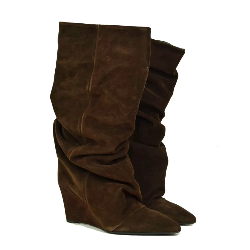 Stivali con Zeppa Alta 7 cm Gambale Largo Camoscio Cioccolato