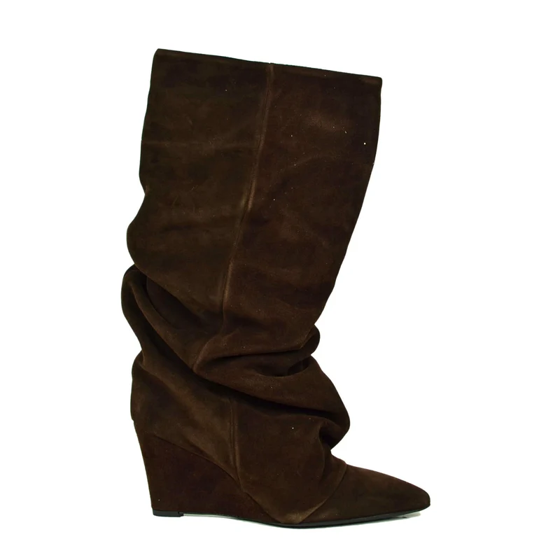 Stivali con Zeppa Alta 7 cm Gambale Largo Camoscio Cioccolato