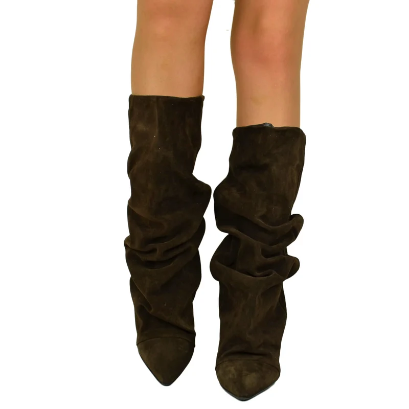 Stivali con Zeppa Alta 7 cm Gambale Largo Camoscio Cioccolato