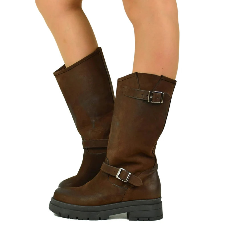 Stivali Biker Donna Cioccolato con Fibbie Regolabili Made in Italy