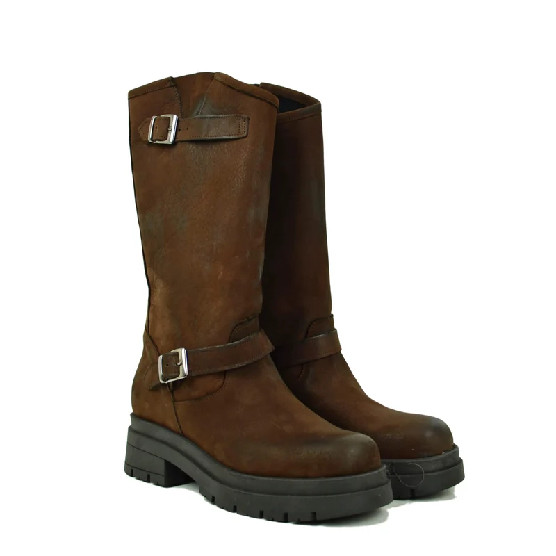 Stivali Biker Donna Cioccolato con Fibbie Regolabili Made in Italy