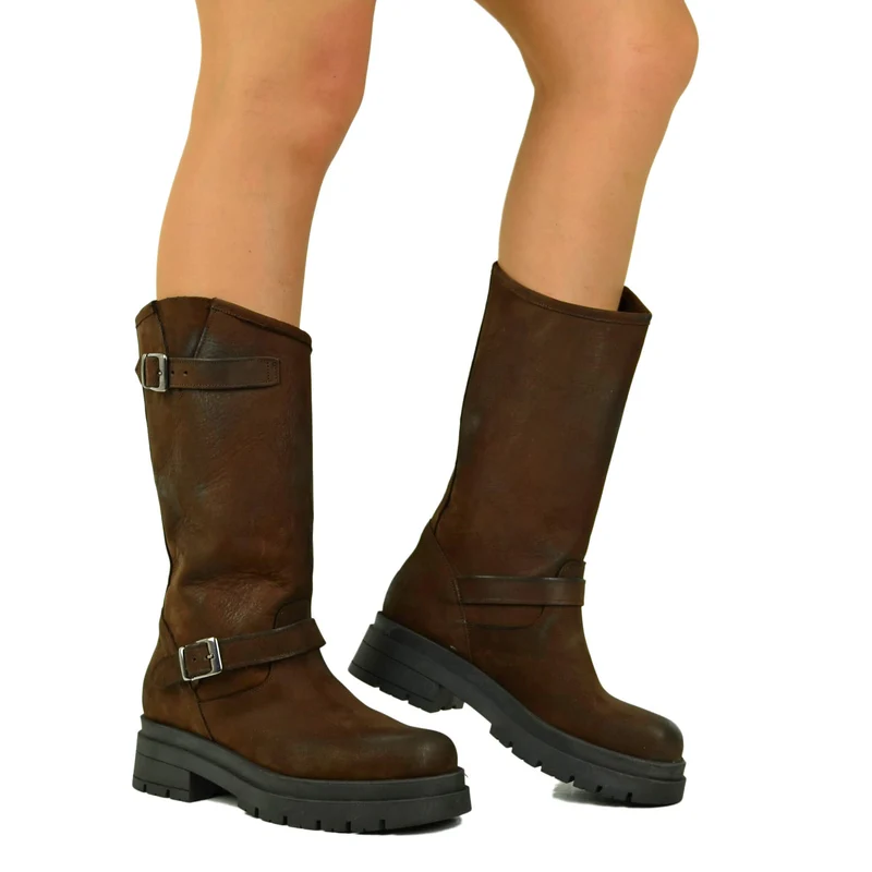 Stivali Biker Donna Cioccolato con Fibbie Regolabili Made in Italy