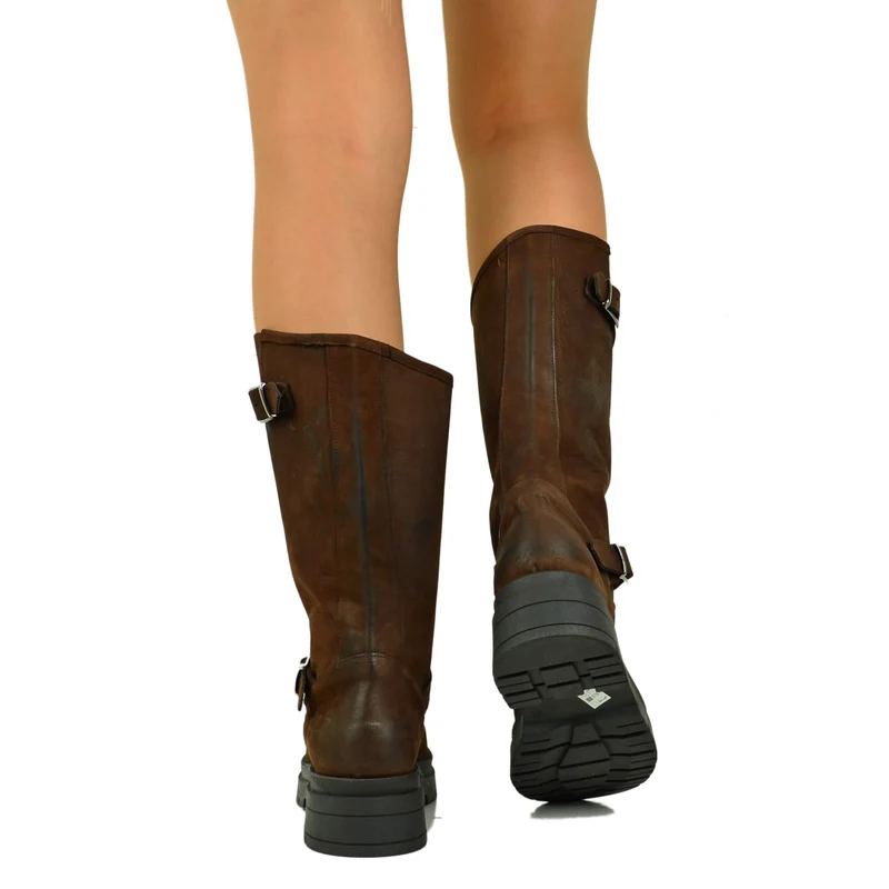 Stivali Biker Donna Cioccolato con Fibbie Regolabili Made in Italy