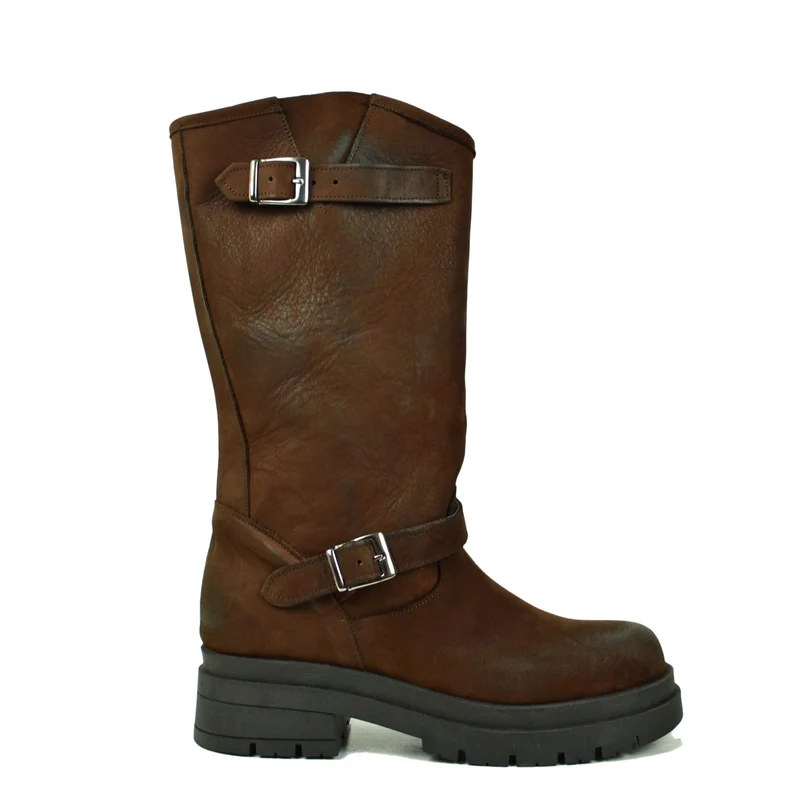 Stivali Biker Donna Cioccolato con Fibbie Regolabili Made in Italy