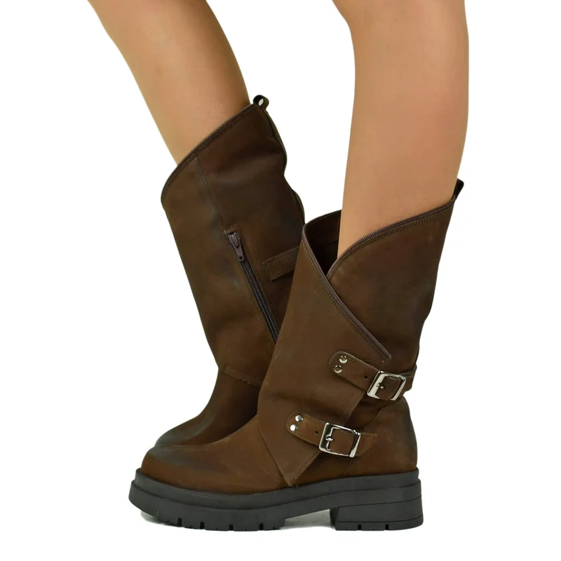 Stivali Donna Biker Cioccolato con Fibbie Dorate e Zip Laterale Made in Italy