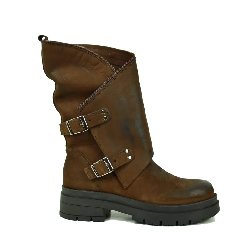 Stivali Donna Biker Cioccolato con Fibbie Dorate e Zip Laterale Made in Italy