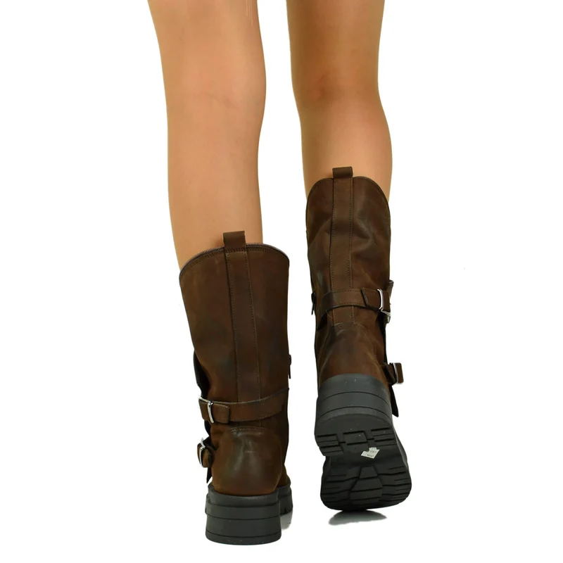 Stivali Donna Biker Cioccolato con Fibbie Dorate e Zip Laterale Made in Italy