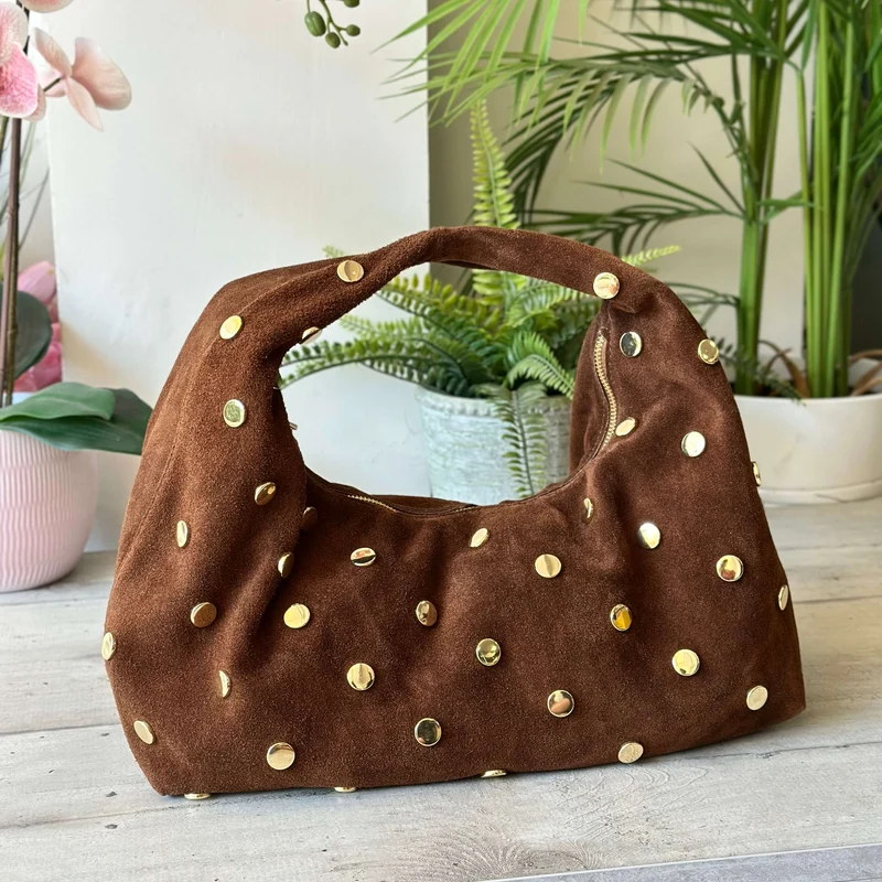 Borsa Hobo Grande a Spalla Pelle scamosciata Cioccolato Borchie Oro SARA