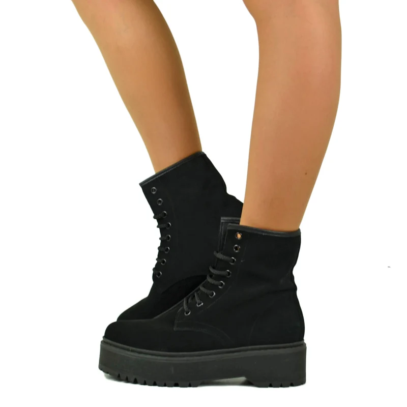 Stivaletti Donna Anfibi Camoscio Camoscio Neri con Lacci e Fondo Platform Made in Italy