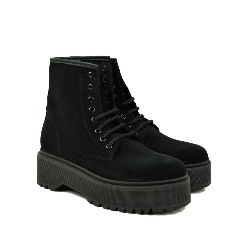 Stivaletti Donna Anfibi Camoscio Camoscio Neri con Lacci e Fondo Platform Made in Italy