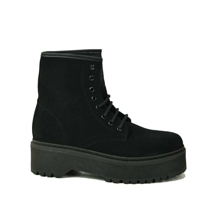 Stivaletti Donna Anfibi Camoscio Camoscio Neri con Lacci e Fondo Platform Made in Italy