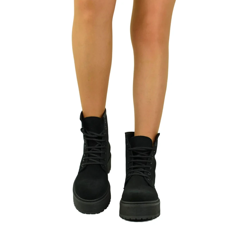 Stivaletti Donna Anfibi Camoscio Camoscio Neri con Lacci e Fondo Platform Made in Italy