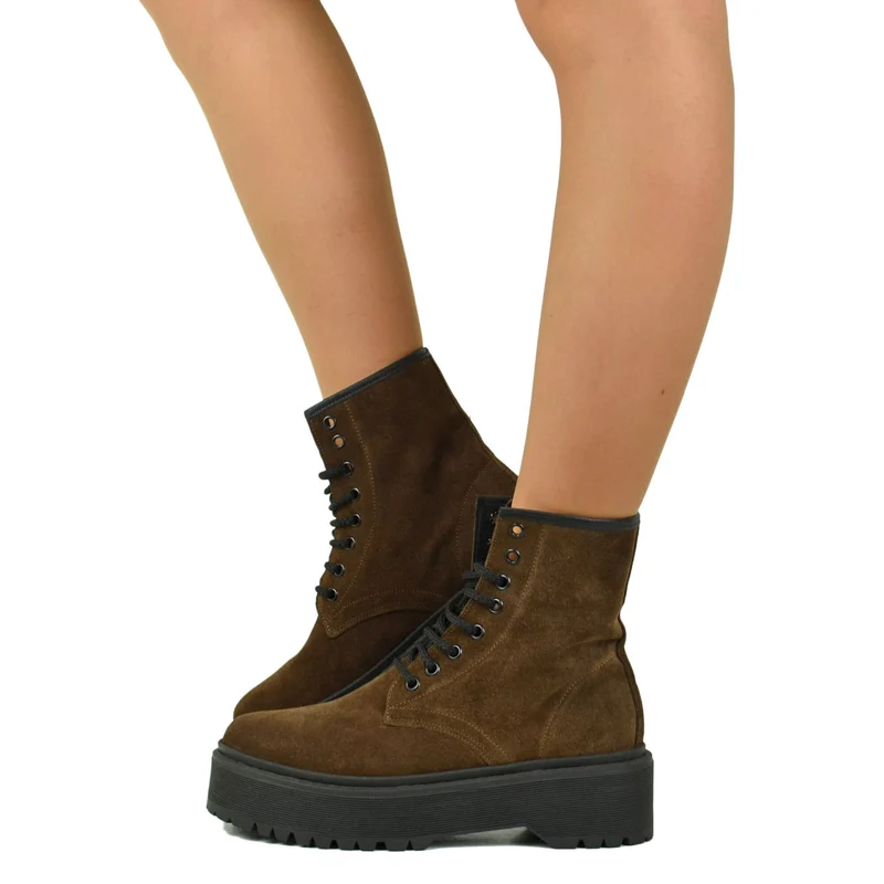 Stivaletti Donna Anfibi Camoscio Cioccolato con Lacci e Fondo Platform Made in Italy
