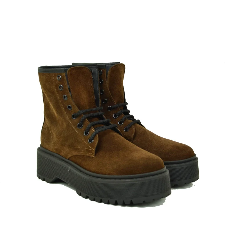 Stivaletti Donna Anfibi Camoscio Cioccolato con Lacci e Fondo Platform Made in Italy