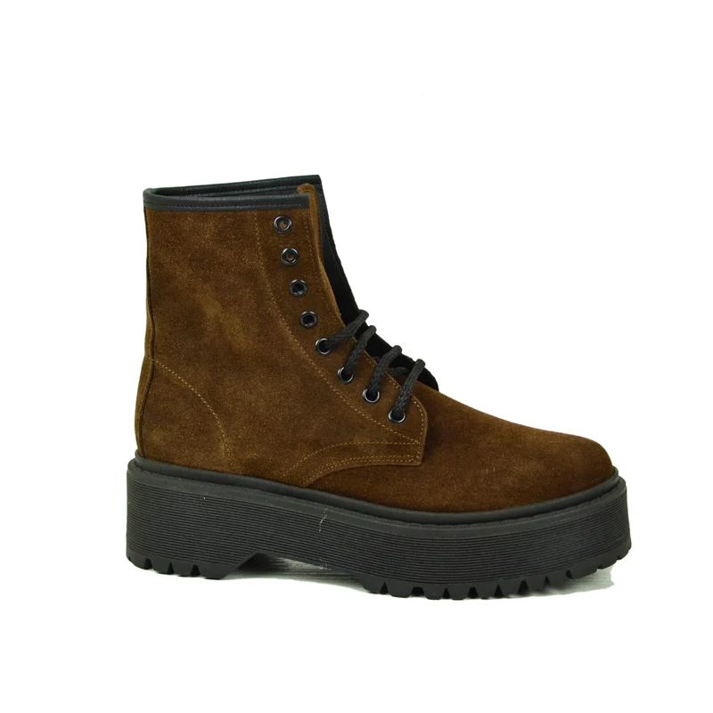 Stivaletti Donna Anfibi Camoscio Cioccolato con Lacci e Fondo Platform Made in Italy