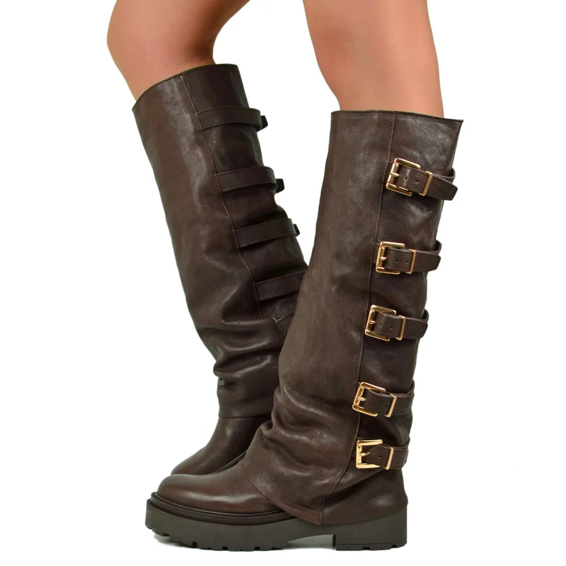 Stivali Biker con la Ghetta Vera Pelle Rag 5 Fibbie Cioccolato Fondo Platform
