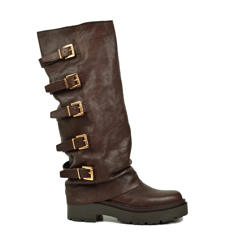 Stivali Biker con la Ghetta Vera Pelle Rag 5 Fibbie Cioccolato Fondo Platform