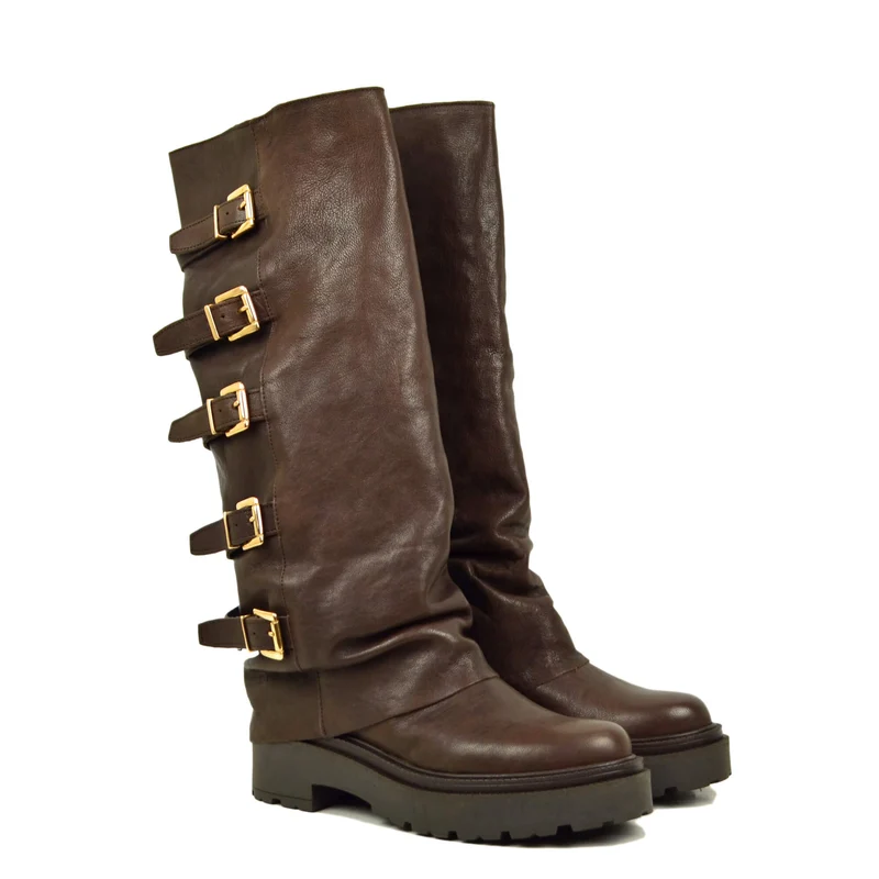 Stivali Biker con la Ghetta Vera Pelle Rag 5 Fibbie Cioccolato Fondo Platform