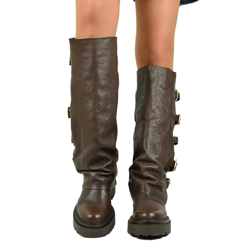 Stivali Biker con la Ghetta Vera Pelle Rag 5 Fibbie Cioccolato Fondo Platform