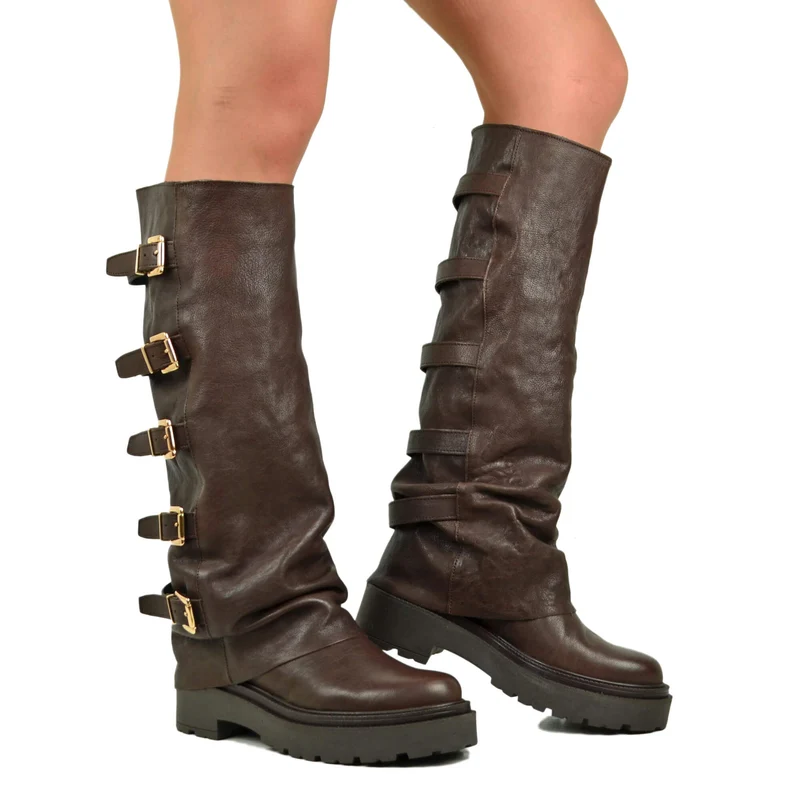 Stivali Biker con la Ghetta Vera Pelle Rag 5 Fibbie Cioccolato Fondo Platform