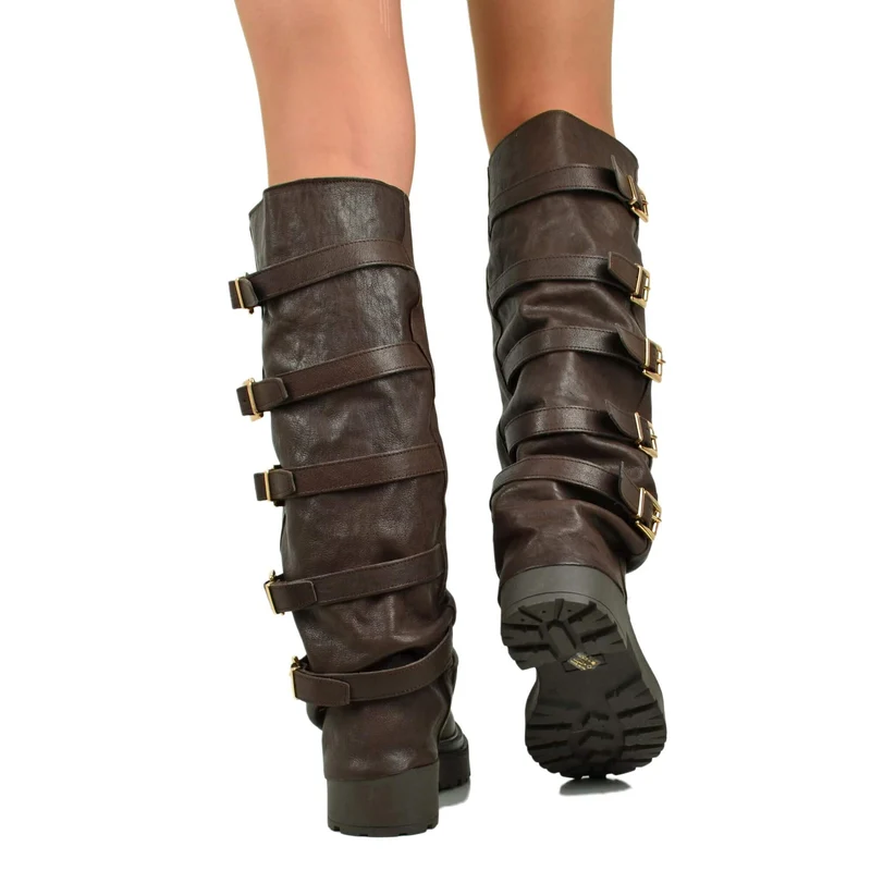 Stivali Biker con la Ghetta Vera Pelle Rag 5 Fibbie Cioccolato Fondo Platform