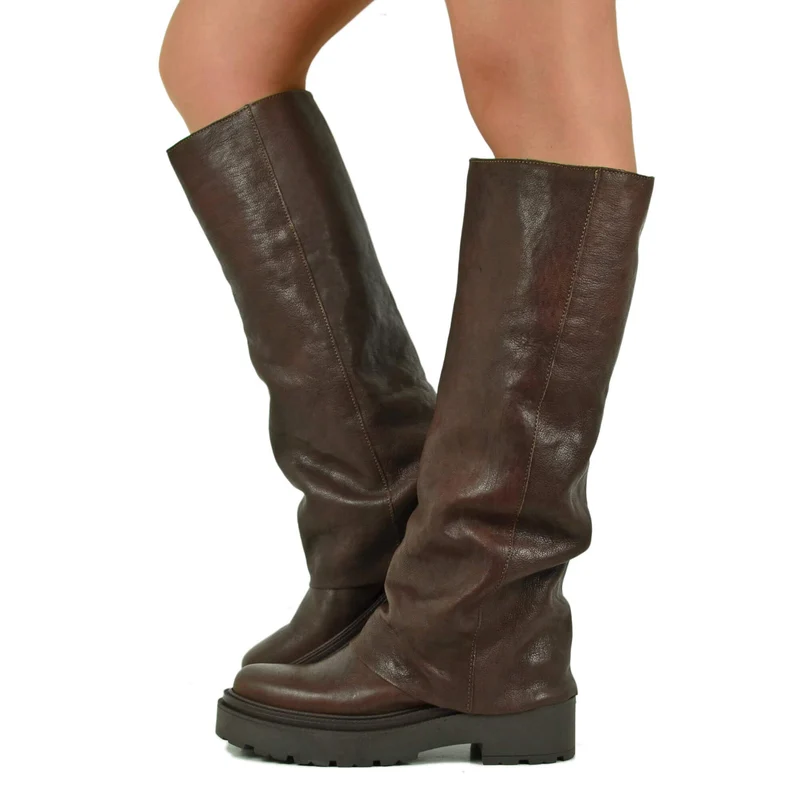 Stivali Biker con la Ghetta Vera Pelle Rag effetto Vintage Cioccolato Morbido Platform