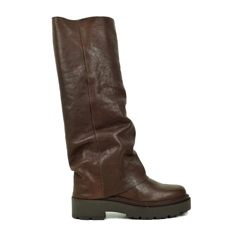 Stivali Biker con la Ghetta Vera Pelle Rag effetto Vintage Cioccolato Morbido Platform