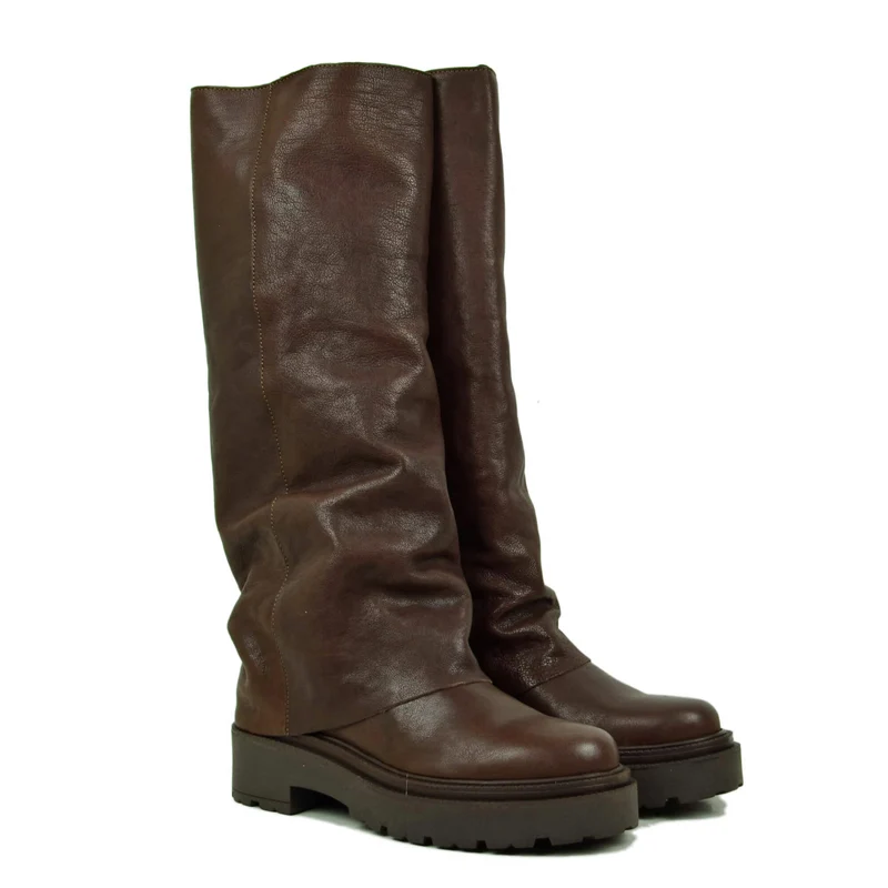 Stivali Biker con la Ghetta Vera Pelle Rag effetto Vintage Cioccolato Morbido Platform