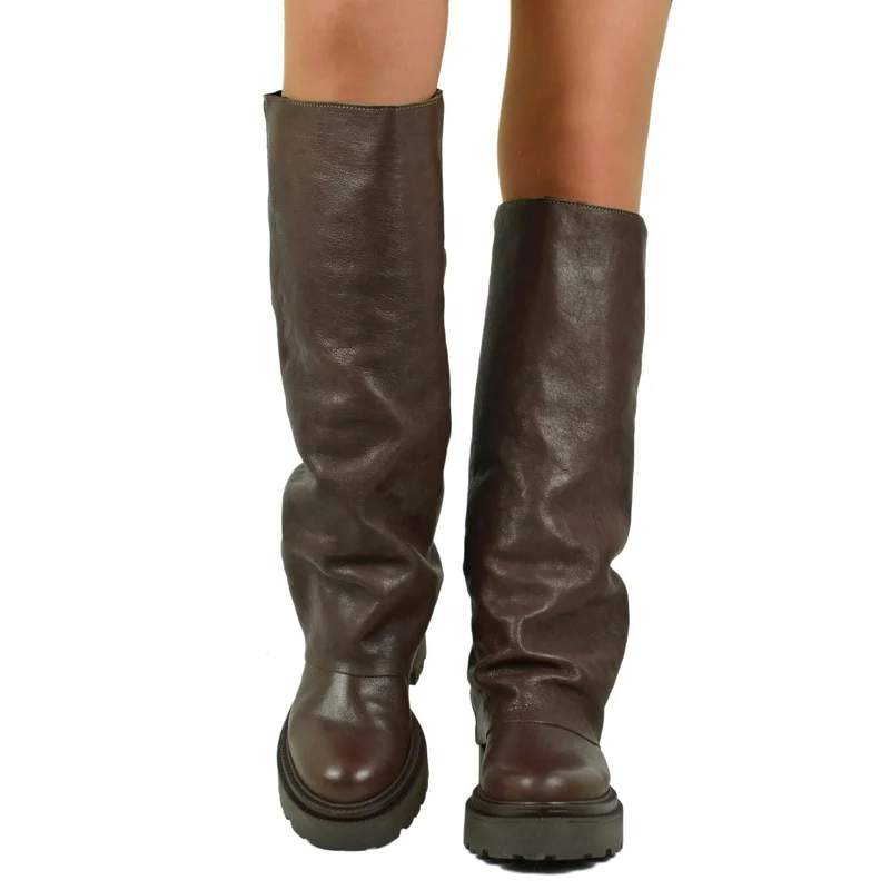 Stivali Biker con la Ghetta Vera Pelle Rag effetto Vintage Cioccolato Morbido Platform