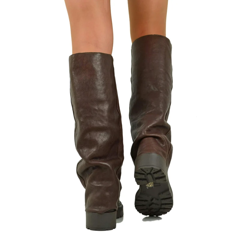 Stivali Biker con la Ghetta Vera Pelle Rag effetto Vintage Cioccolato Morbido Platform