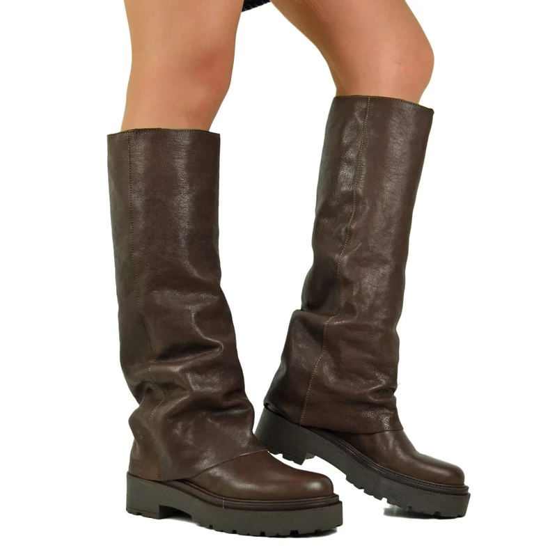 Stivali Biker con la Ghetta Vera Pelle Rag effetto Vintage Cioccolato Morbido Platform