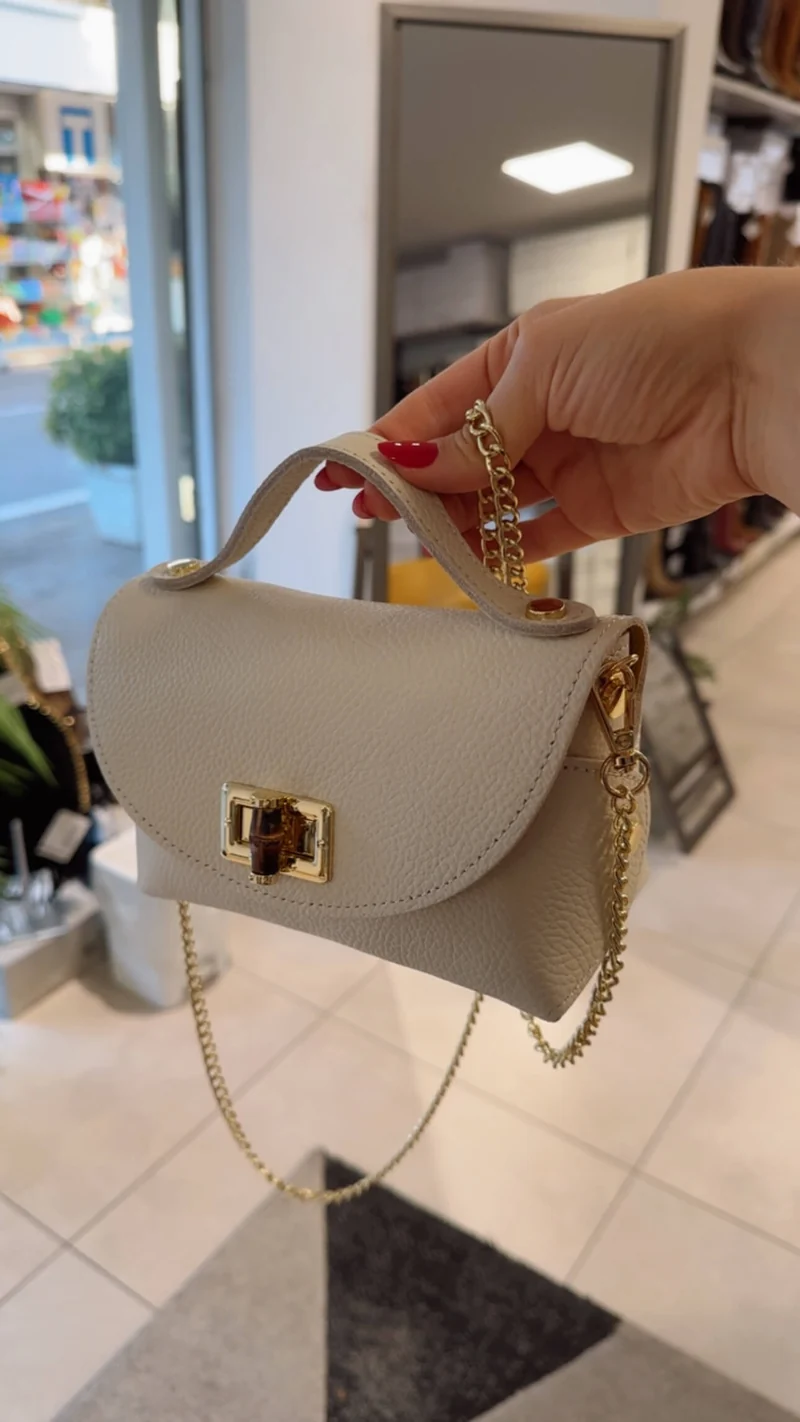 Mini Bag Borsa Vera Pelle Beige Bamboo e Tracolla a Catena Dorata