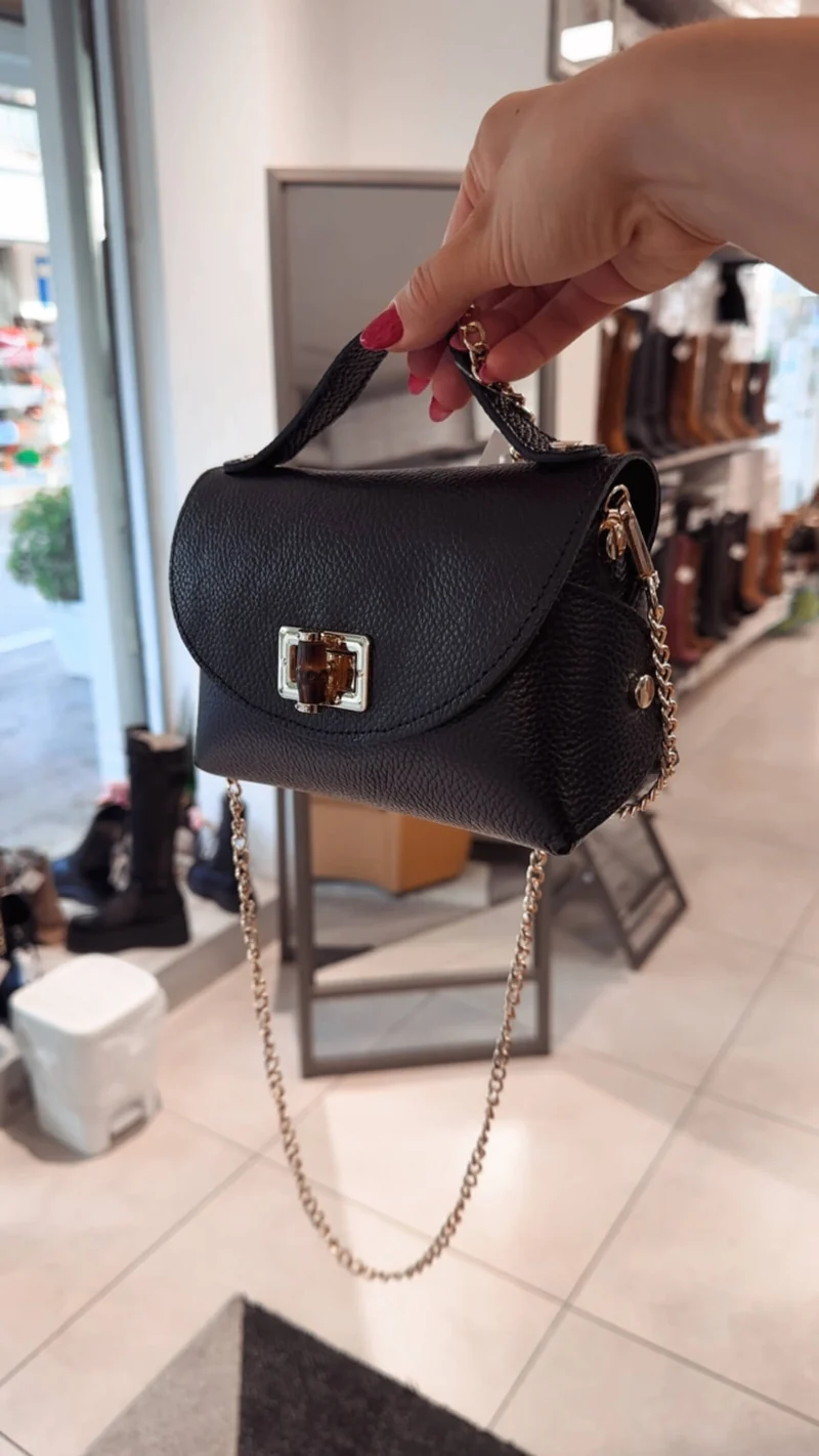 Mini Bag Borsa Vera Pelle Nera Bamboo e Tracolla a Catena Dorata