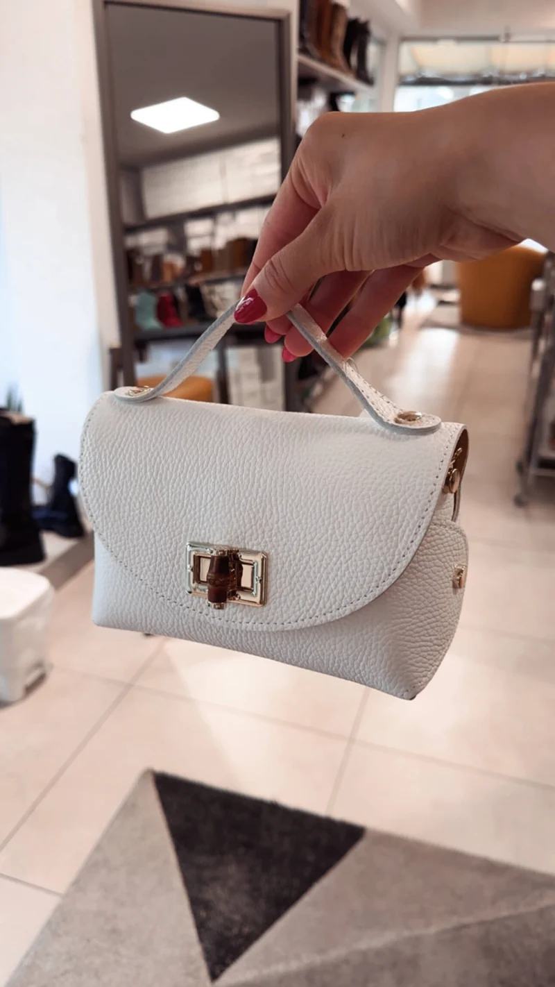 Mini Bag Borsa Vera Pelle Bianca Bamboo e Tracolla a Catena Dorata