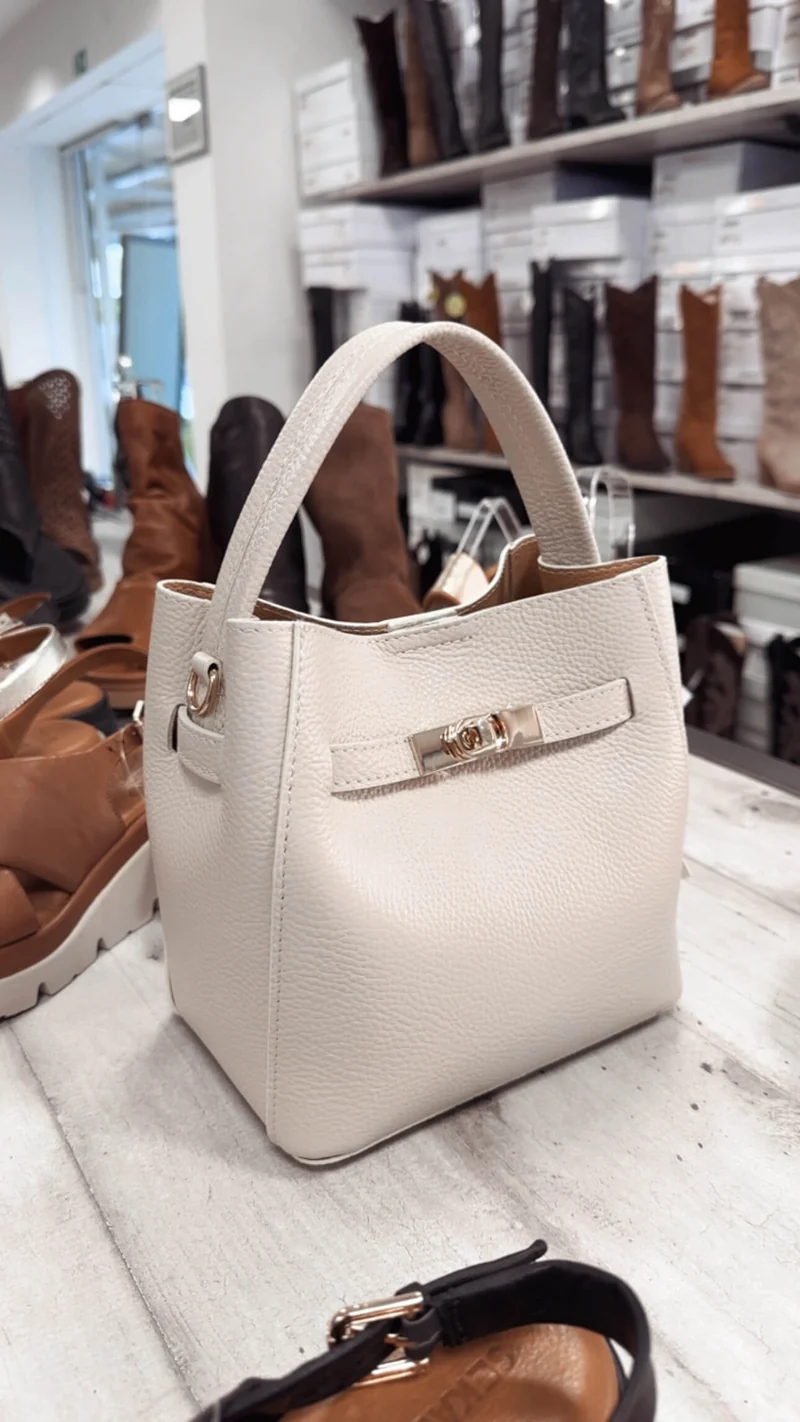 Borsa a Secchiello Beige n Vera Pelle con Borsa Interna e Tracolla Lunga