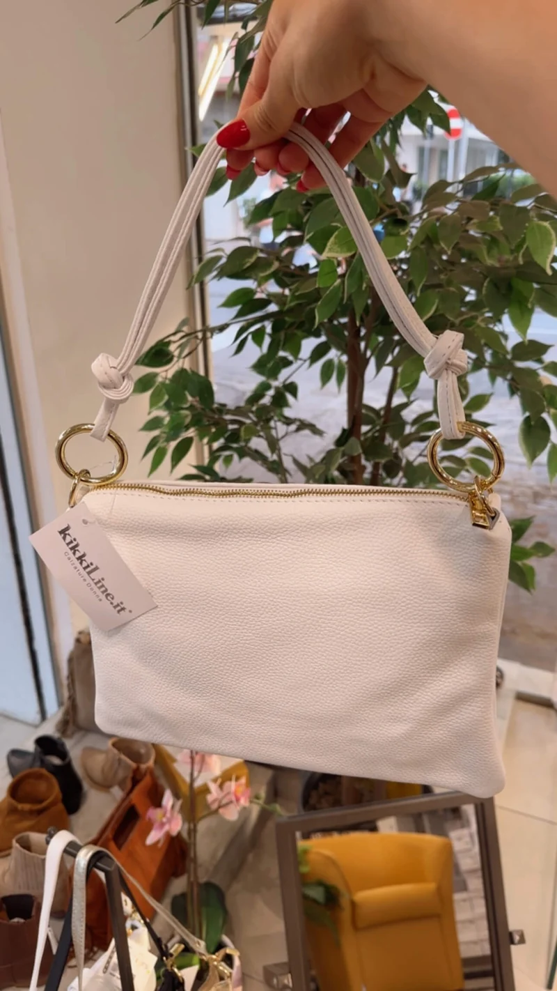 Borsa a Busta in Vera Pelle Bianca con Anelli Dorati Bustina con tracolla