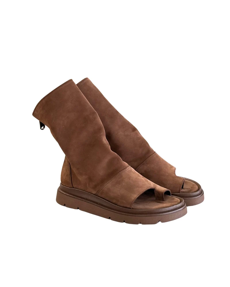 Sandali Platform a Stivaletto Infradito in Nabuk Cioccolato Wide Pianta Larga
